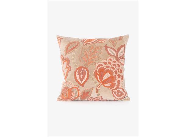 Putetrekk fløyel med blomster Beige med rust blomster, 50x50 cm 
